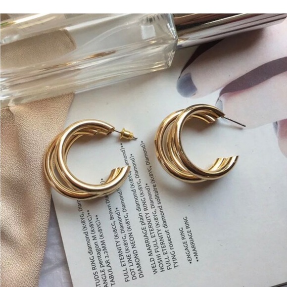 14k Gold Big Hoop Earrings Triple Round Hoop Earrings Basic Statement Earrings - Picture 2 of 6